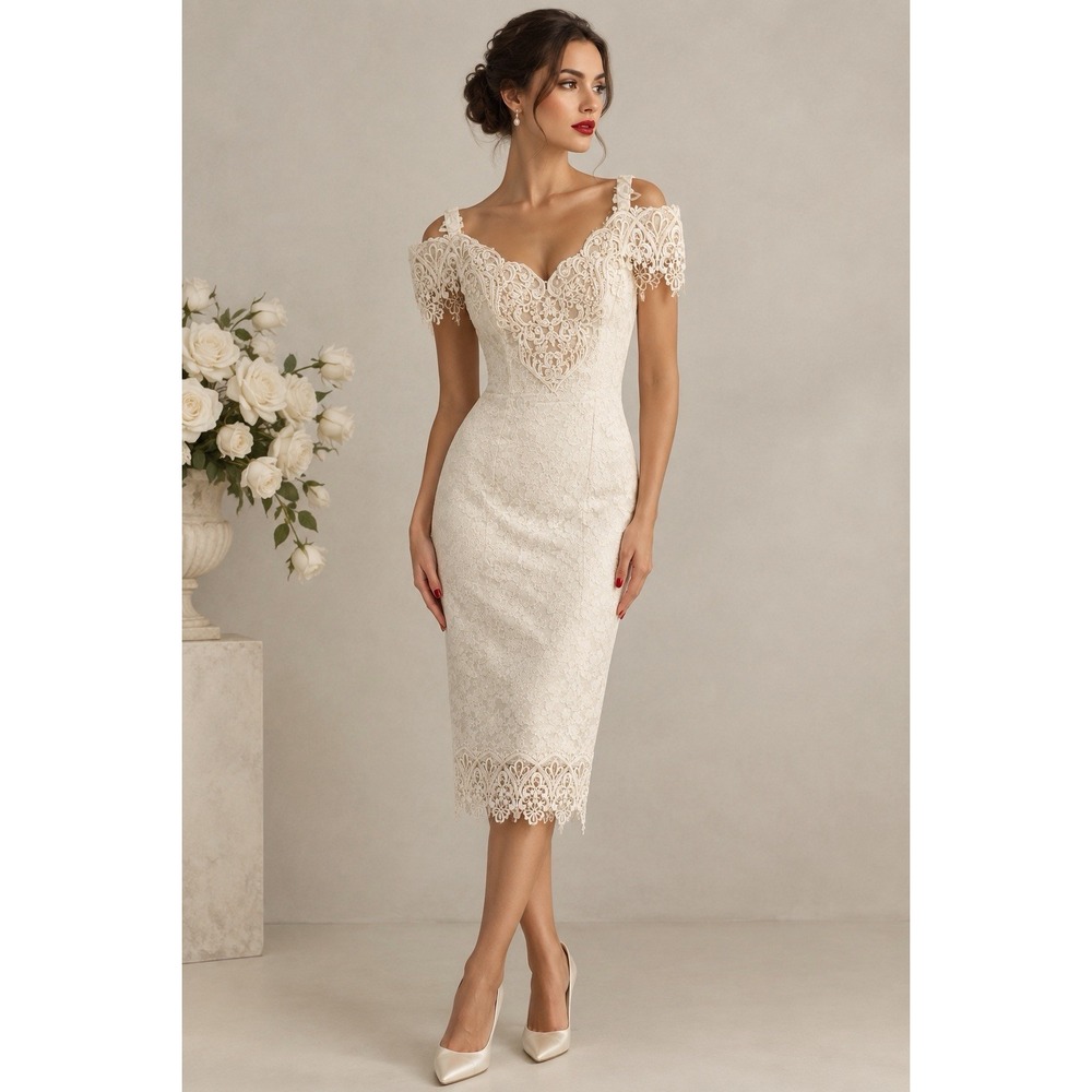 Vintage Scott McClintock Ivory Lace Pearl Romantic Dress Bridal Formal Sheath 6